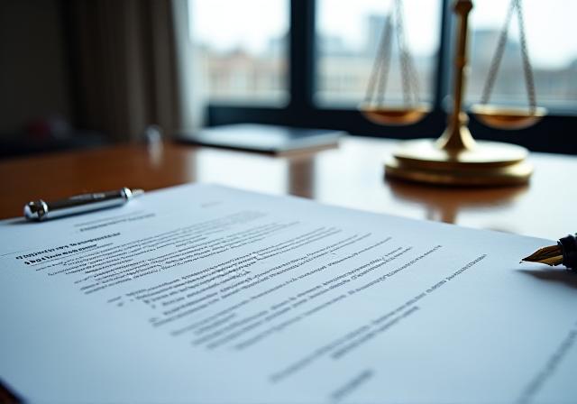 Legal professional meticulously reviewing a business contract with a quill pen